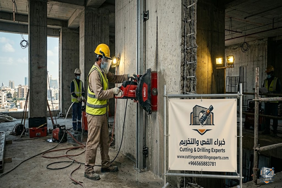 قص خرسانة حي الجامعة جدة باستخدام معدات الكور الماسي والليزر لفتح الأبواب والمكيفات والمصاعد بدقة عالية بدون تكسير أو إضعاف المبنى